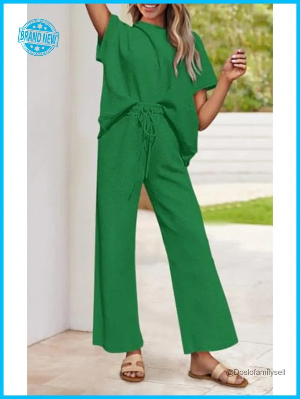 Women's 2 Piece Lounge Set Short Sleeve Top Drawstring Wide Leg Pants with